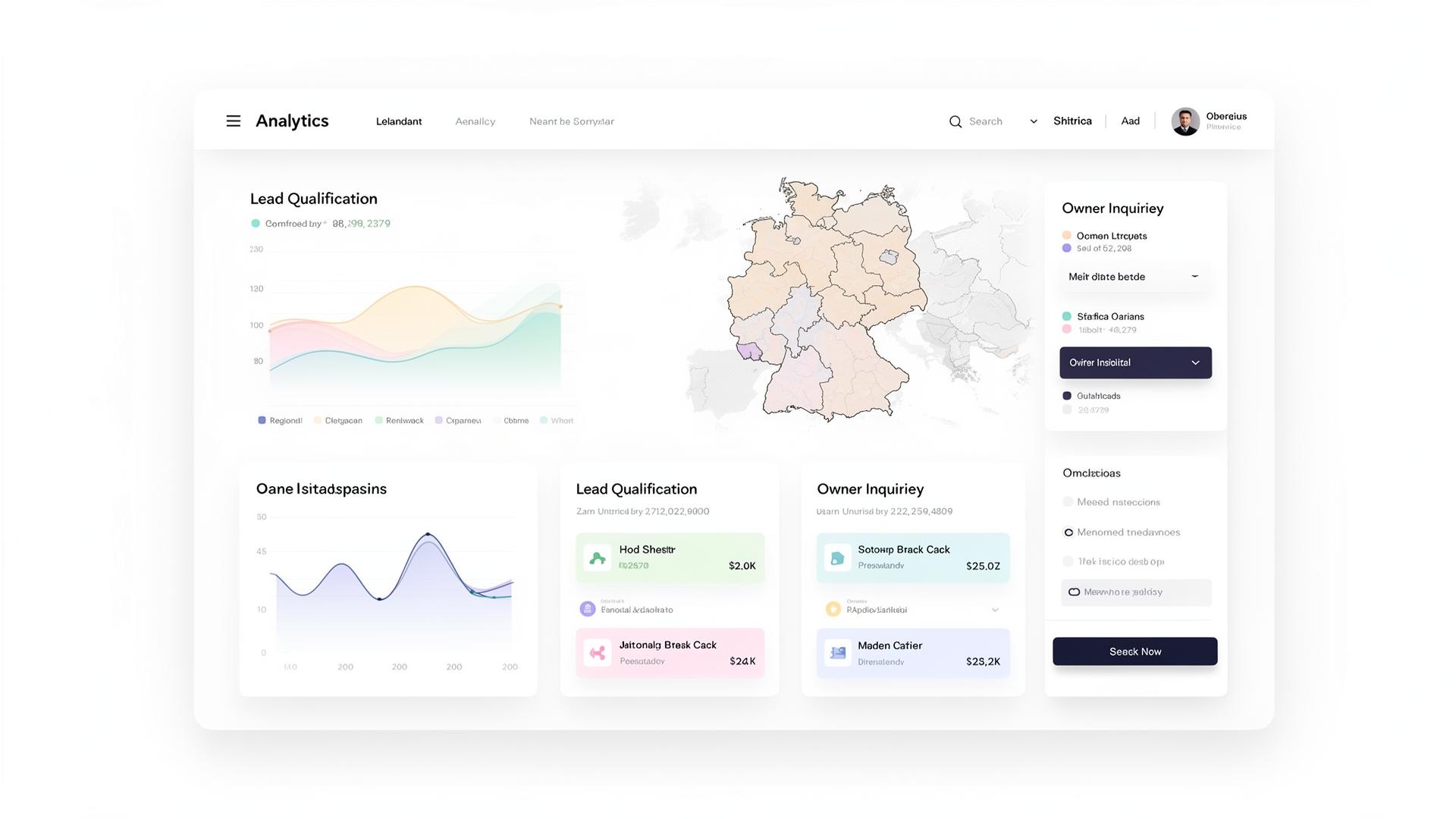 Dashboard mit Eigentümeranfragen, Kampagnenübersicht, Regionenkarte und Lead-Qualifizierung